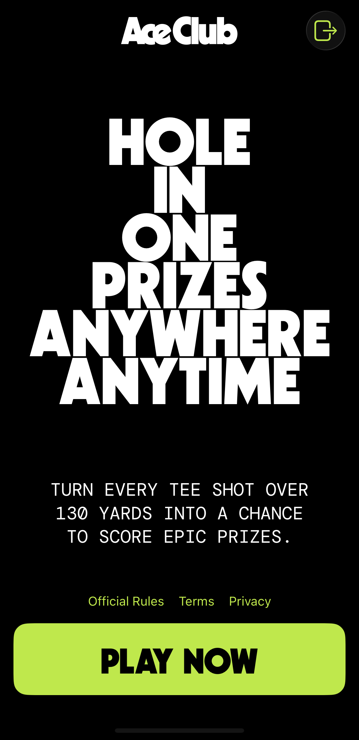 ACE CLUB app welcome screen explaining hole in one prizes